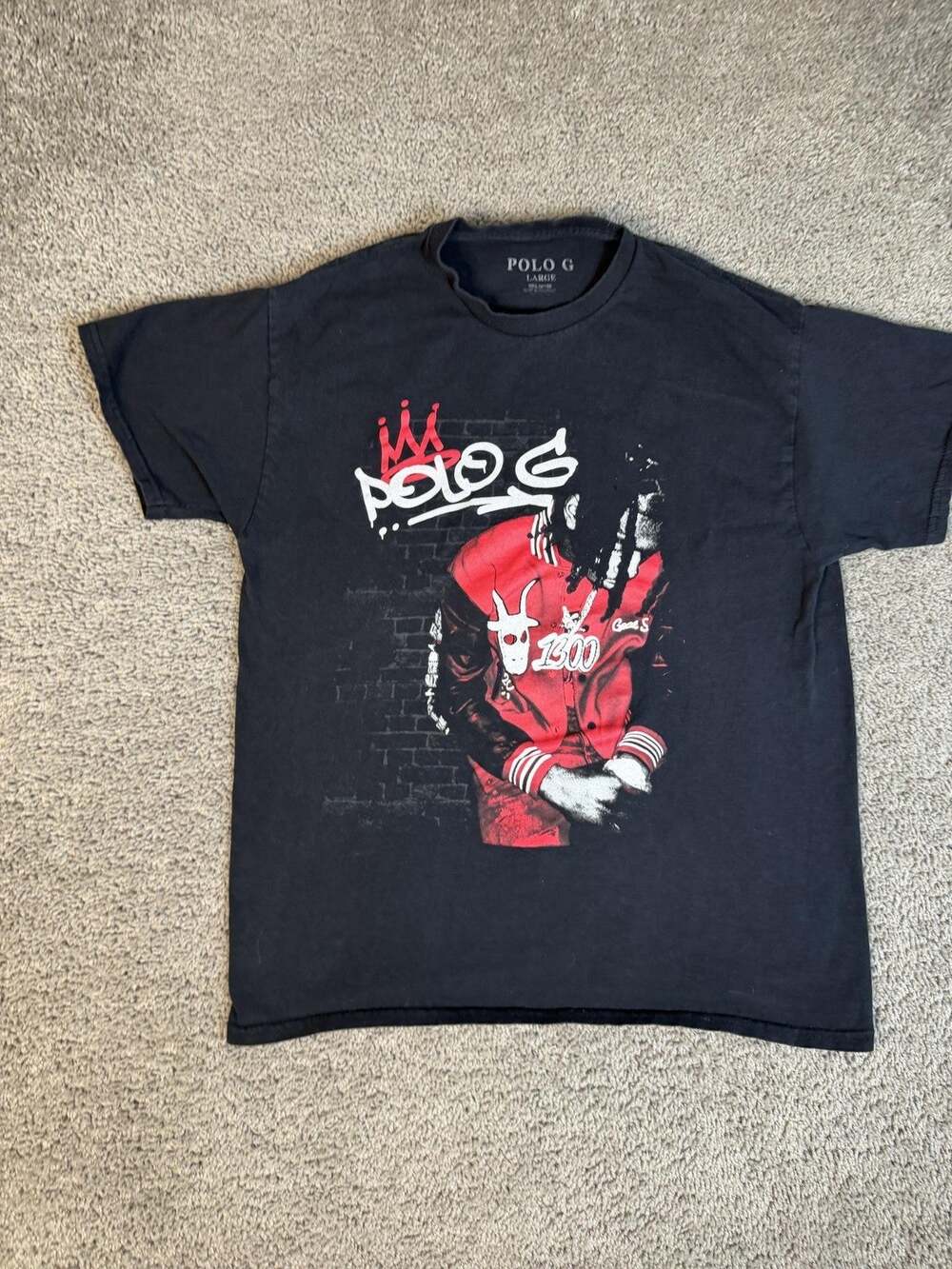 POLO G Shirt Mens Large Black Graphic Print Crew Neck Cotton Jersey Tagless